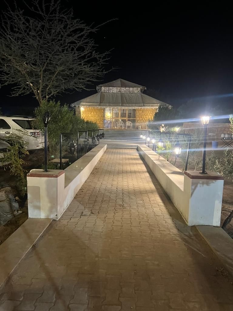 Royal Sun Desert Camp reception building at night in Jaisalmer